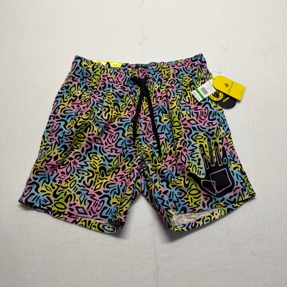 Body Glove Colorful Abstract Print Swim Shorts with Hand Logo Large NWT